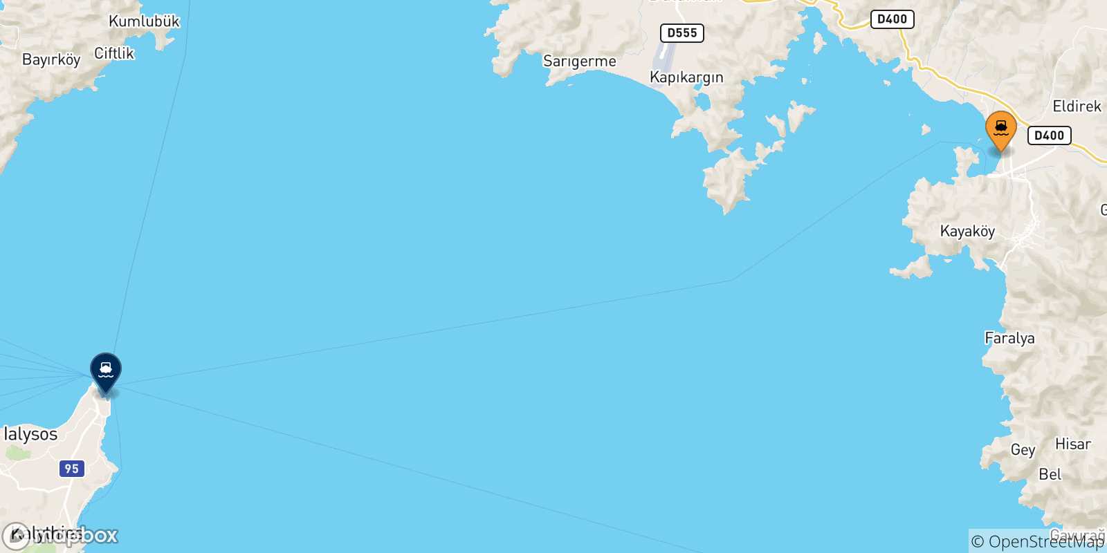 Carte des traversées possibles entre Fethiye et Îles Du Dodécanèse