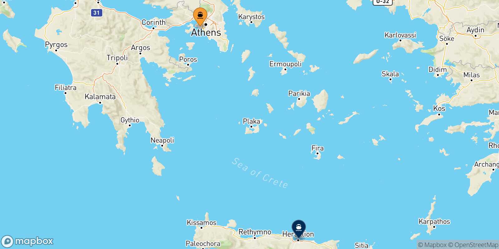 Carte des traverséesLe Piree Heraklion