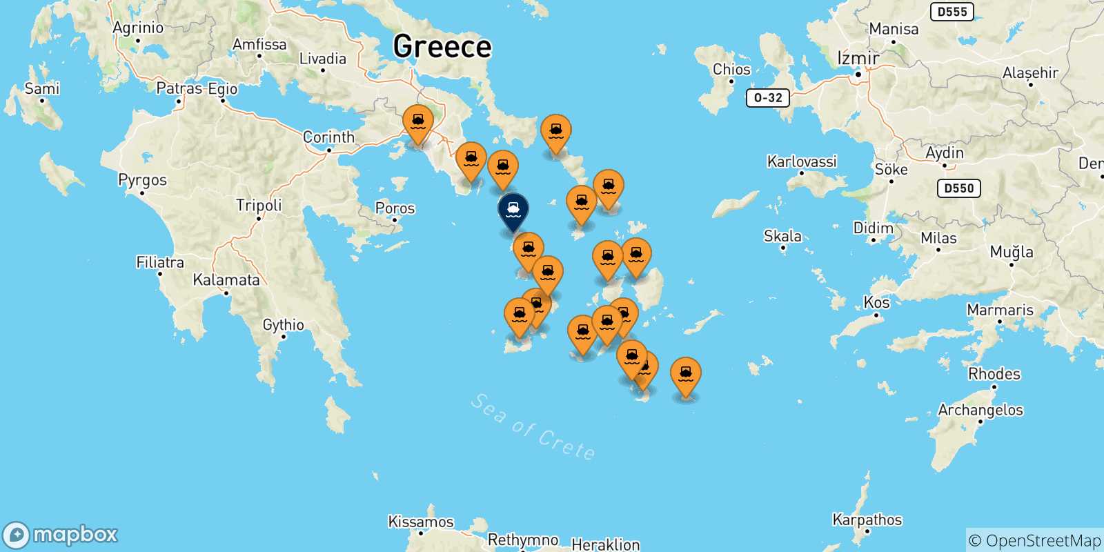Carte des traversées possibles entre la Grèce et Kythnos