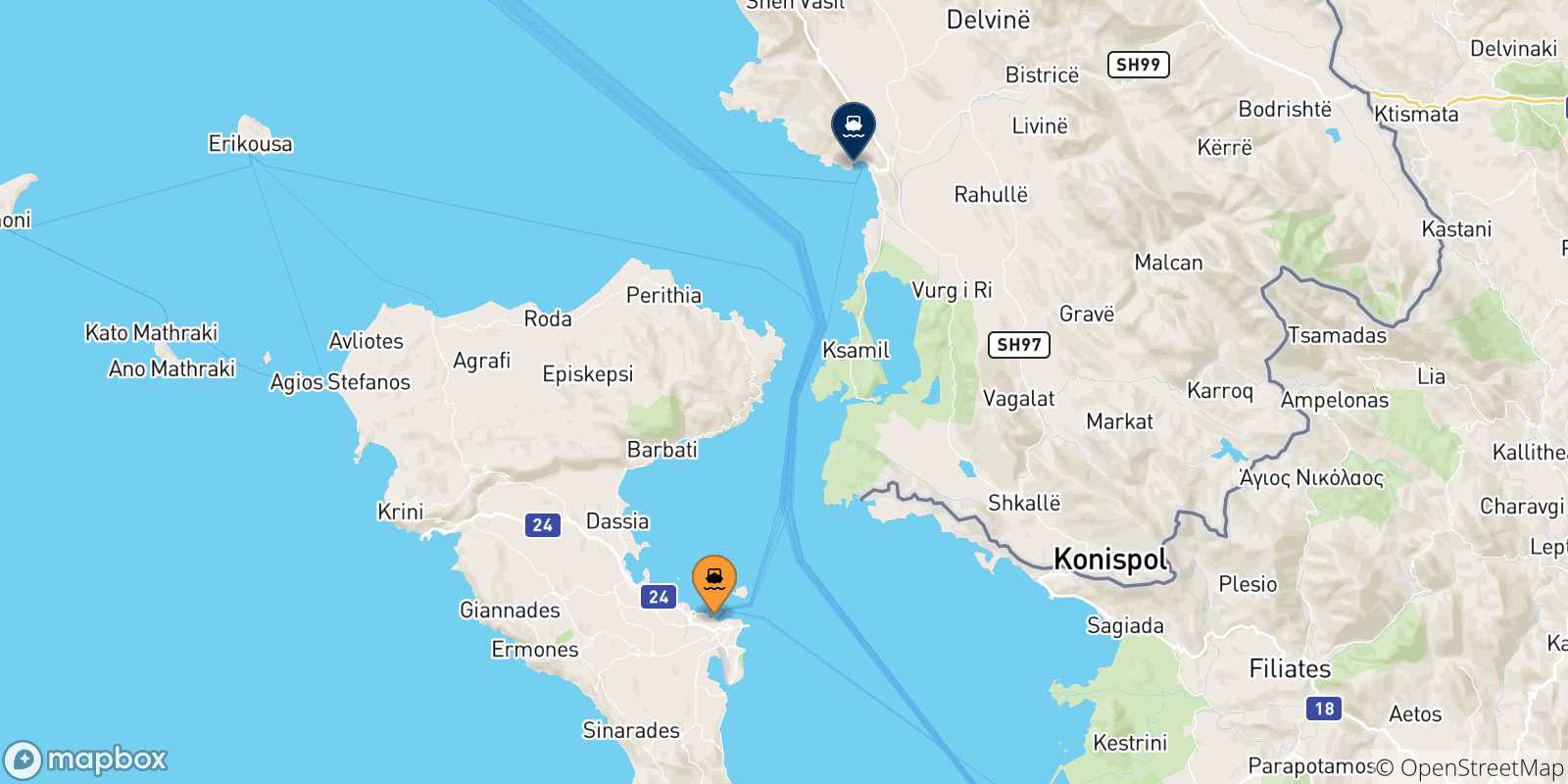 Carte des traversées possibles entre Îles Ioniennes et Saranda