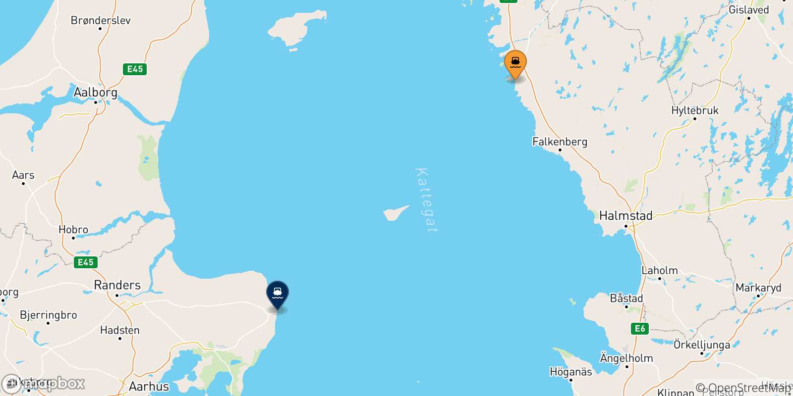 Carte des traversées possibles entre la Suède et Grenaa