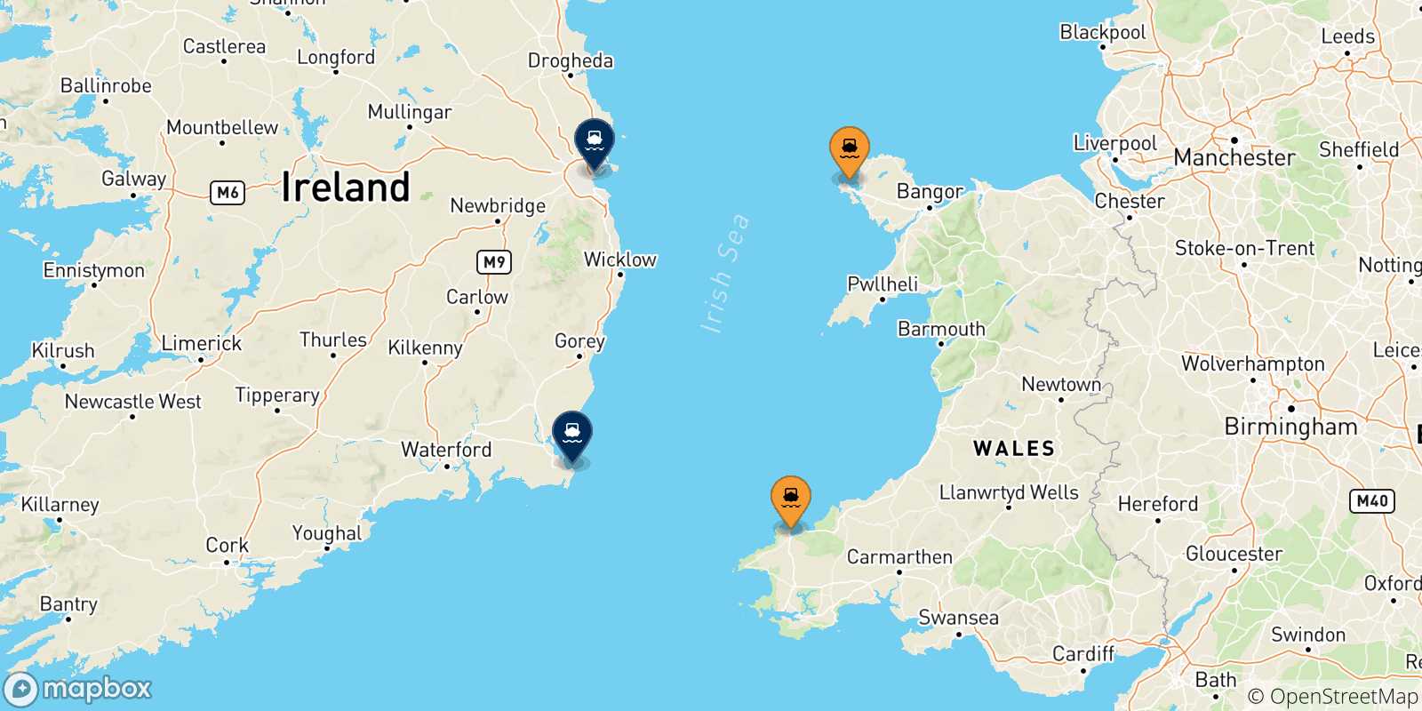 Carte des traversées possibles entre Pays De Galles et Irlande