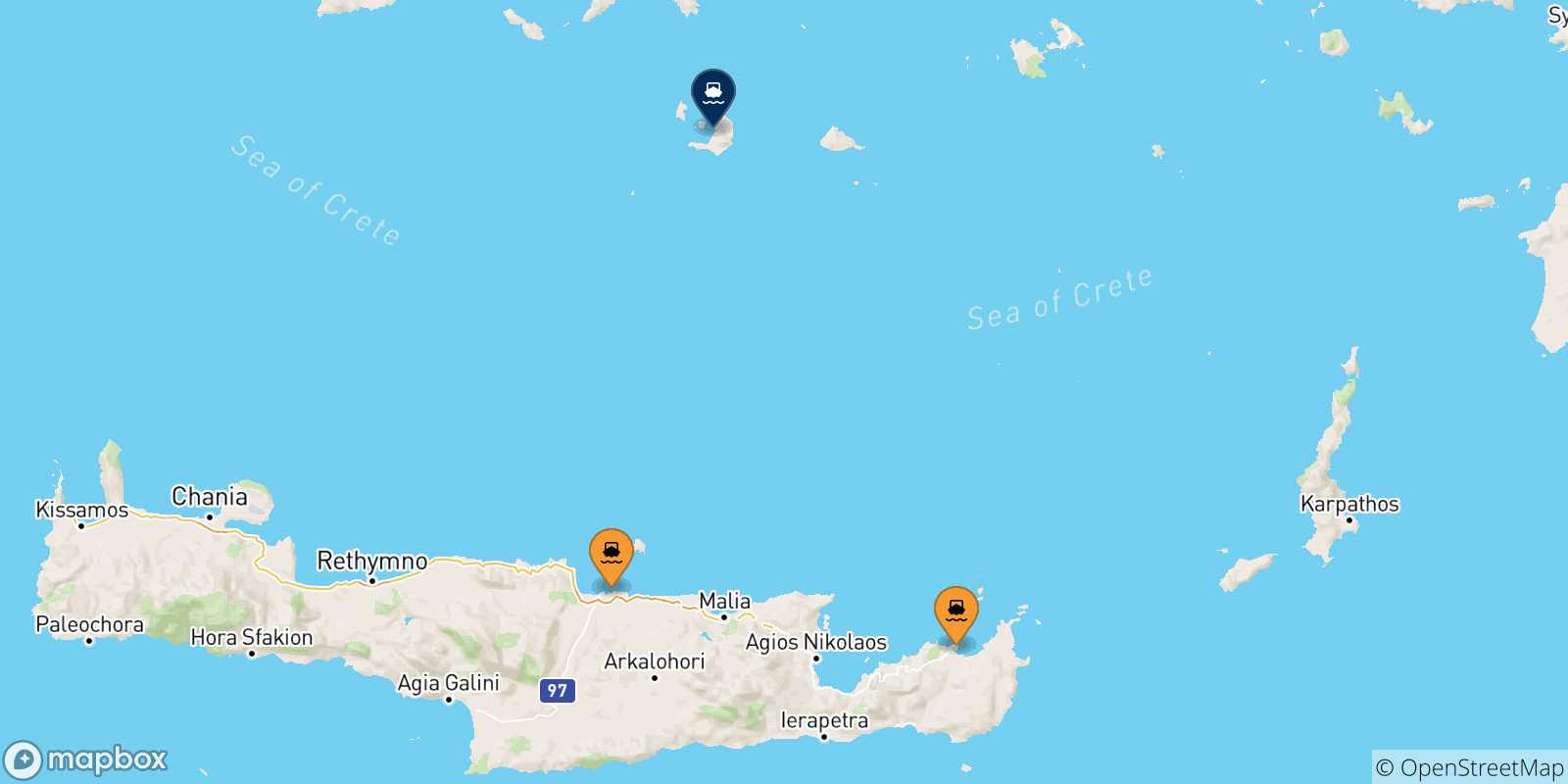 Carte des traversées possibles entre la Crète et Thera (Santorin)