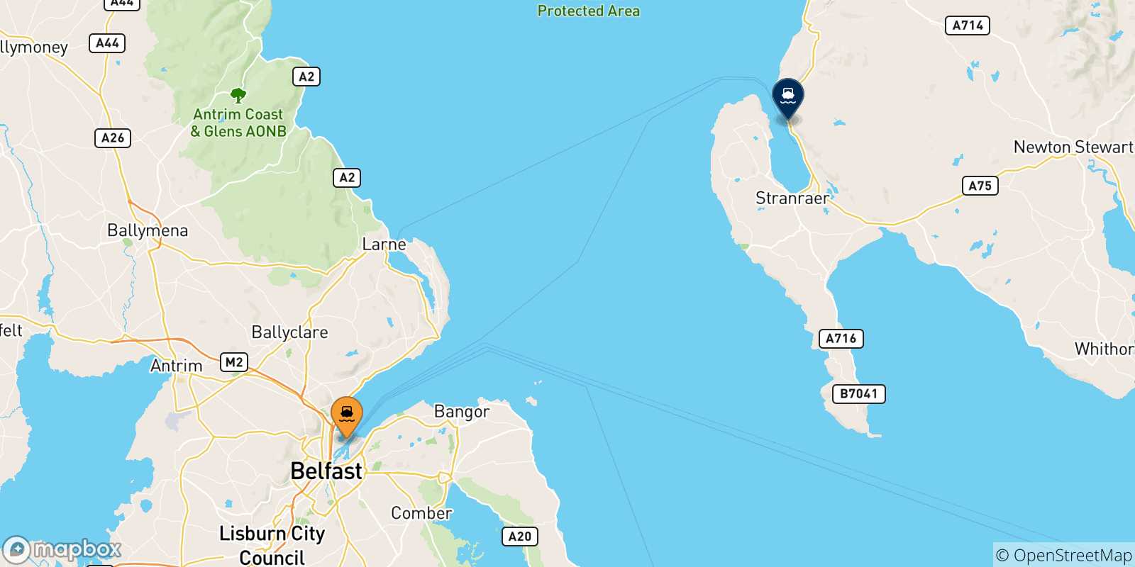 Carte des traversées possibles entre Irlande Du Nord et Cairnryan