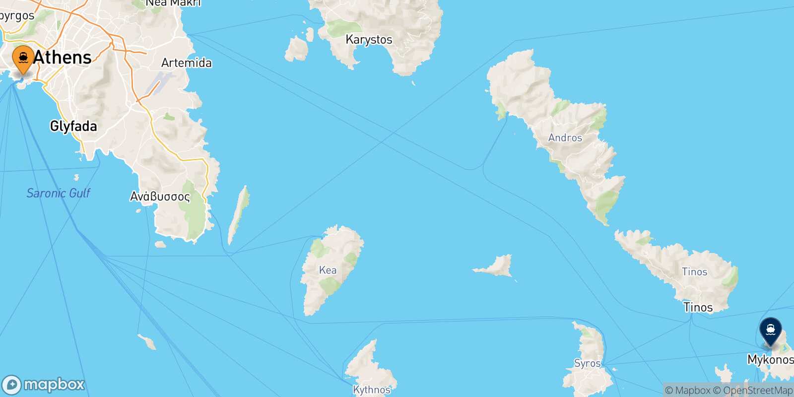 Carte des traverséesLe Piree Mykonos