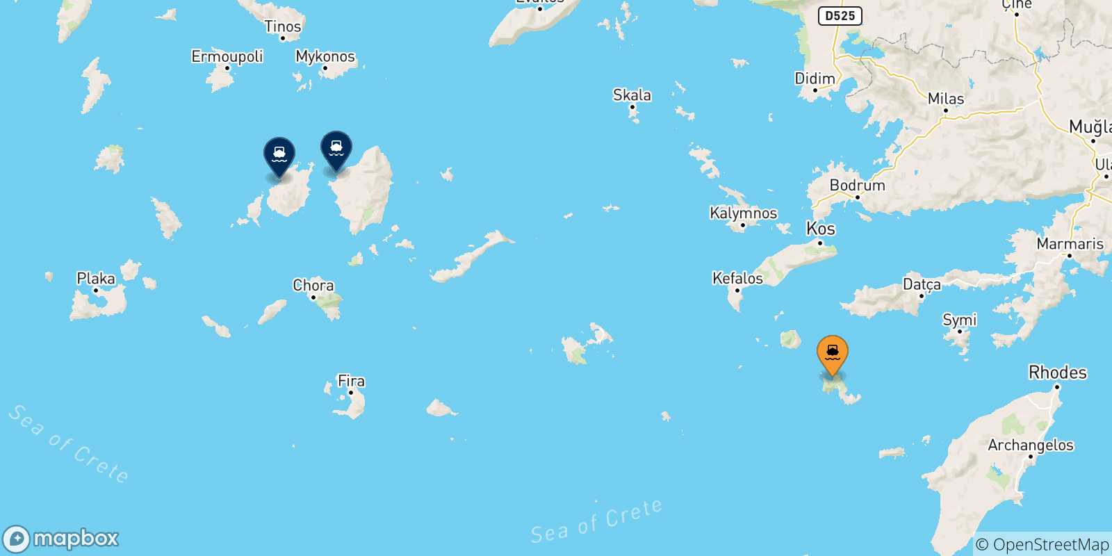 Carte des traversées possibles entre Tilos et Îles Des Cyclades