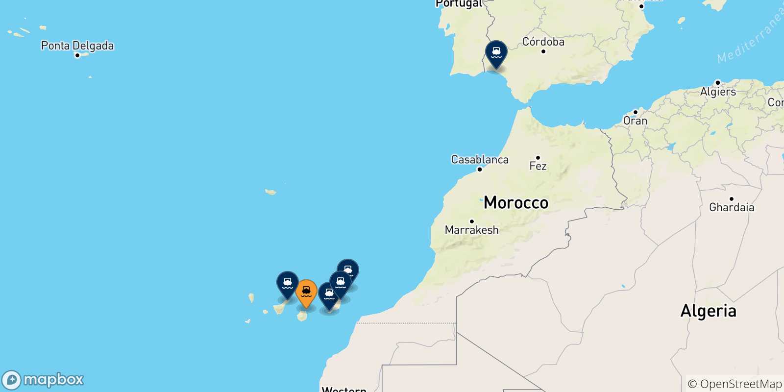 Carte des traversées possibles entre Las Palmas De Gran Canaria et l'Espagne