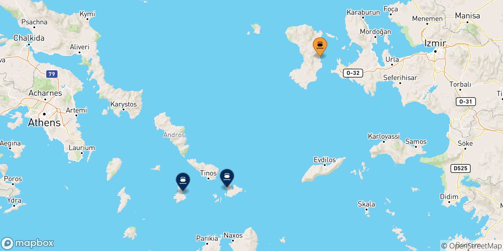 Carte des traversées possibles entre Chios et Îles Des Cyclades