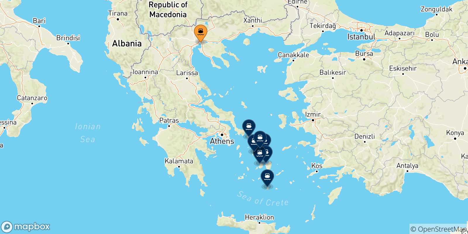 Carte des traversées possibles entre Thessalonique et Îles Des Cyclades