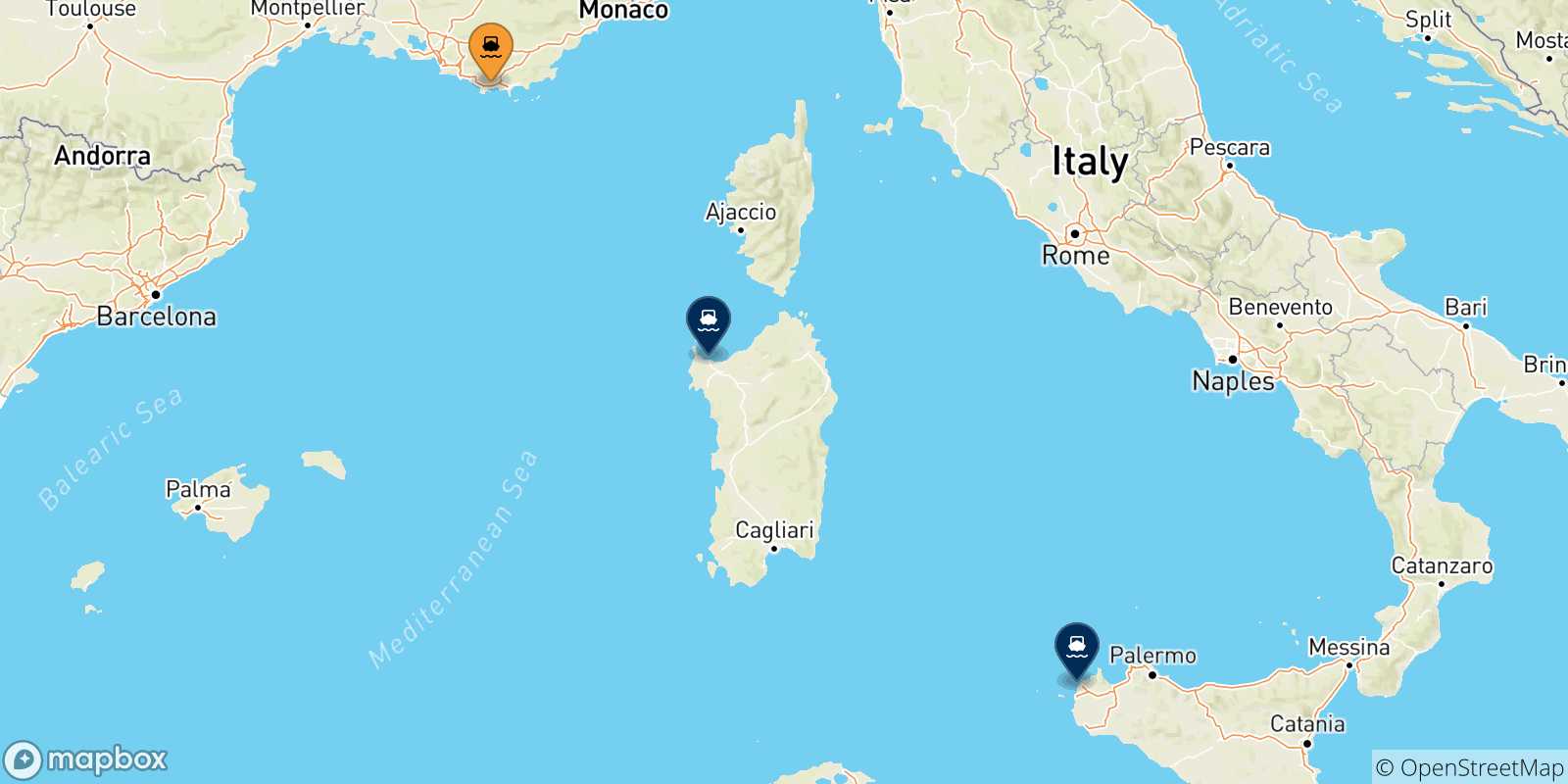 Carte des traversées possibles entre Toulon et l'Italie