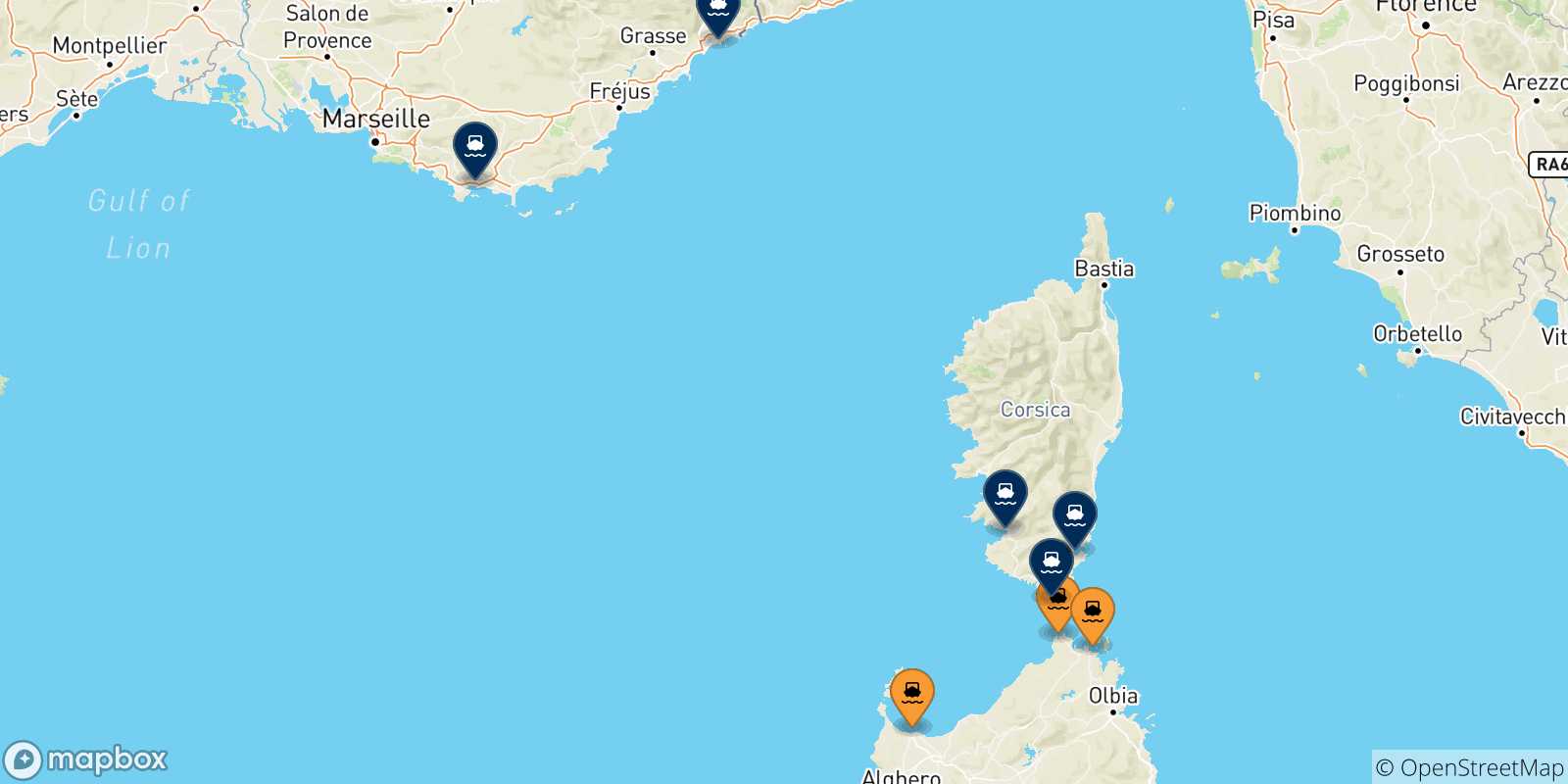 Carte des traversées possibles entre la Sardaigne et la France