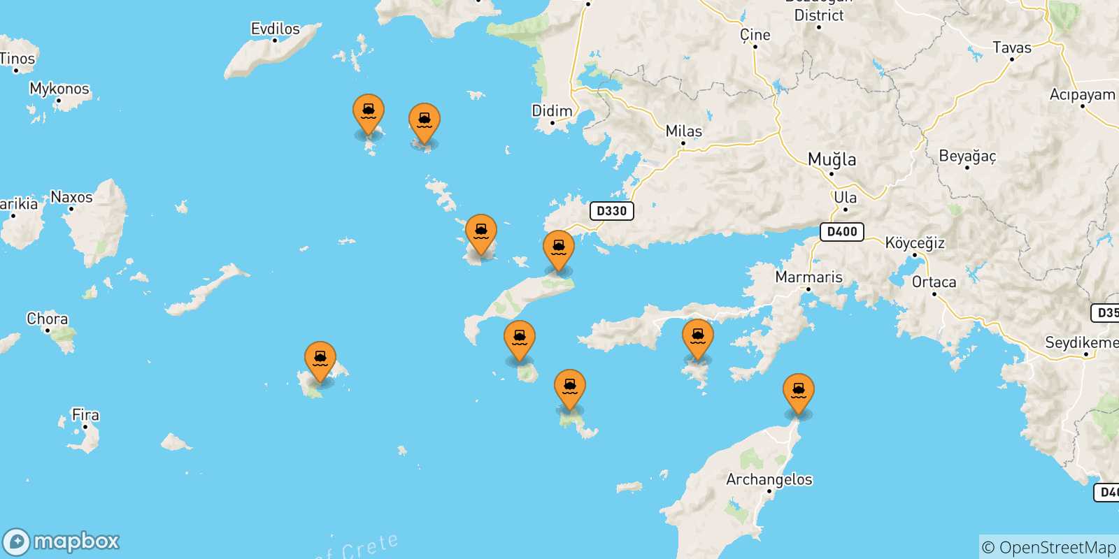 Carte des traversées possibles entre Îles Du Dodécanèse et Kastellórizo