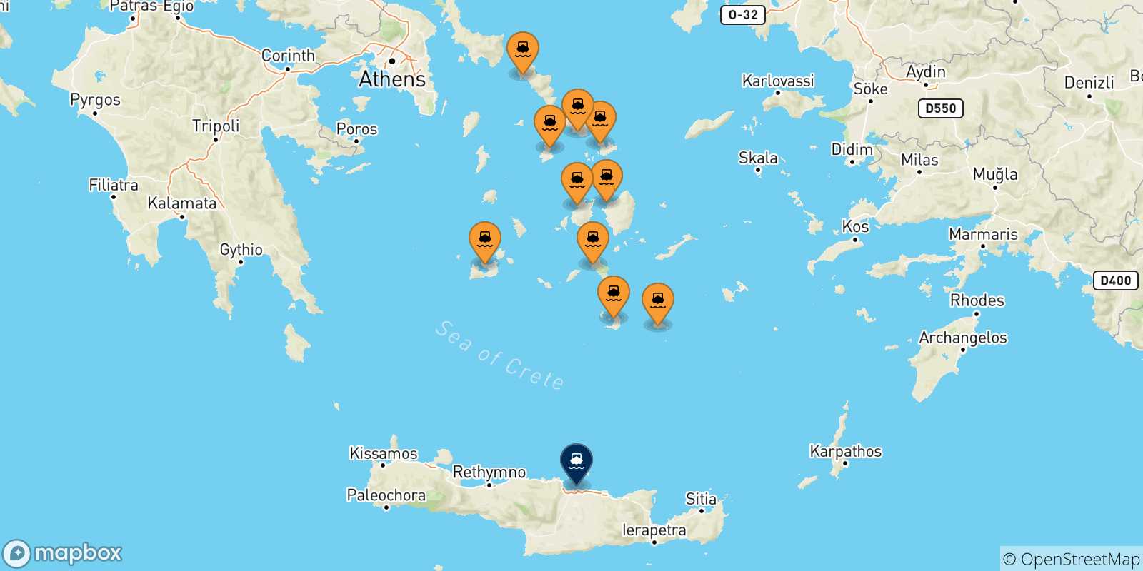 Carte des traversées possibles entre Îles Des Cyclades et Heraklion