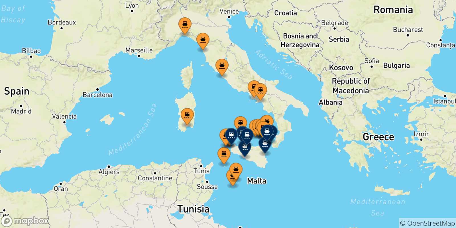 Carte des traversées possibles entre l'Italie et la Sicile