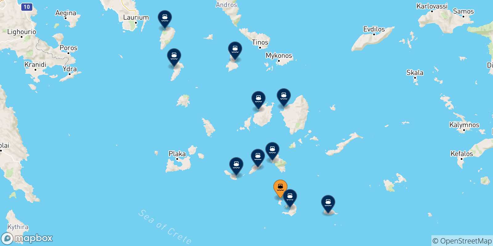 Carte des traversées possibles entre Thirassia et Îles Des Cyclades