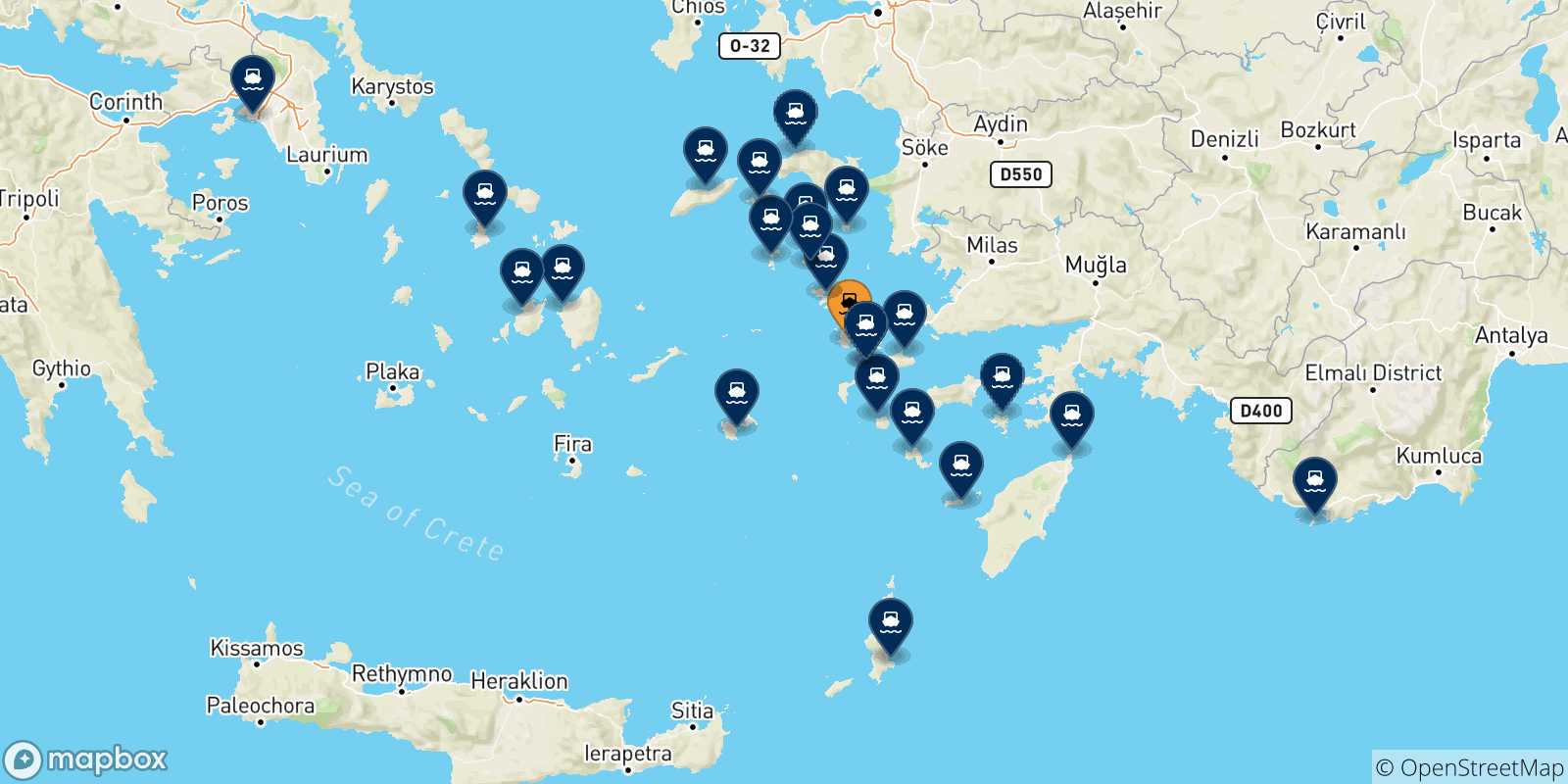 Carte des traversées possibles entre Kalymnos et la Grèce
