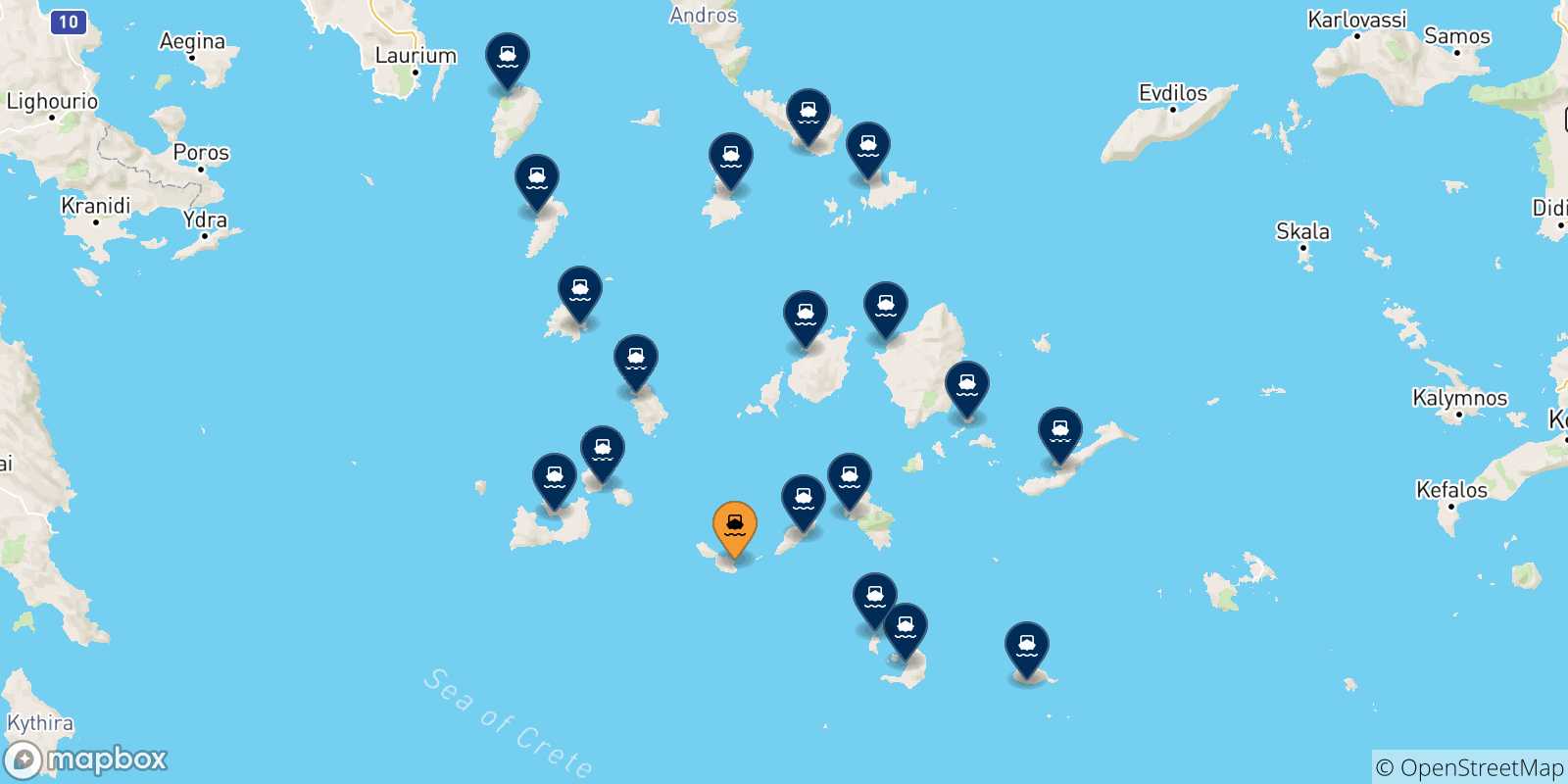 Carte des traversées possibles entre Folegandros et Îles Des Cyclades