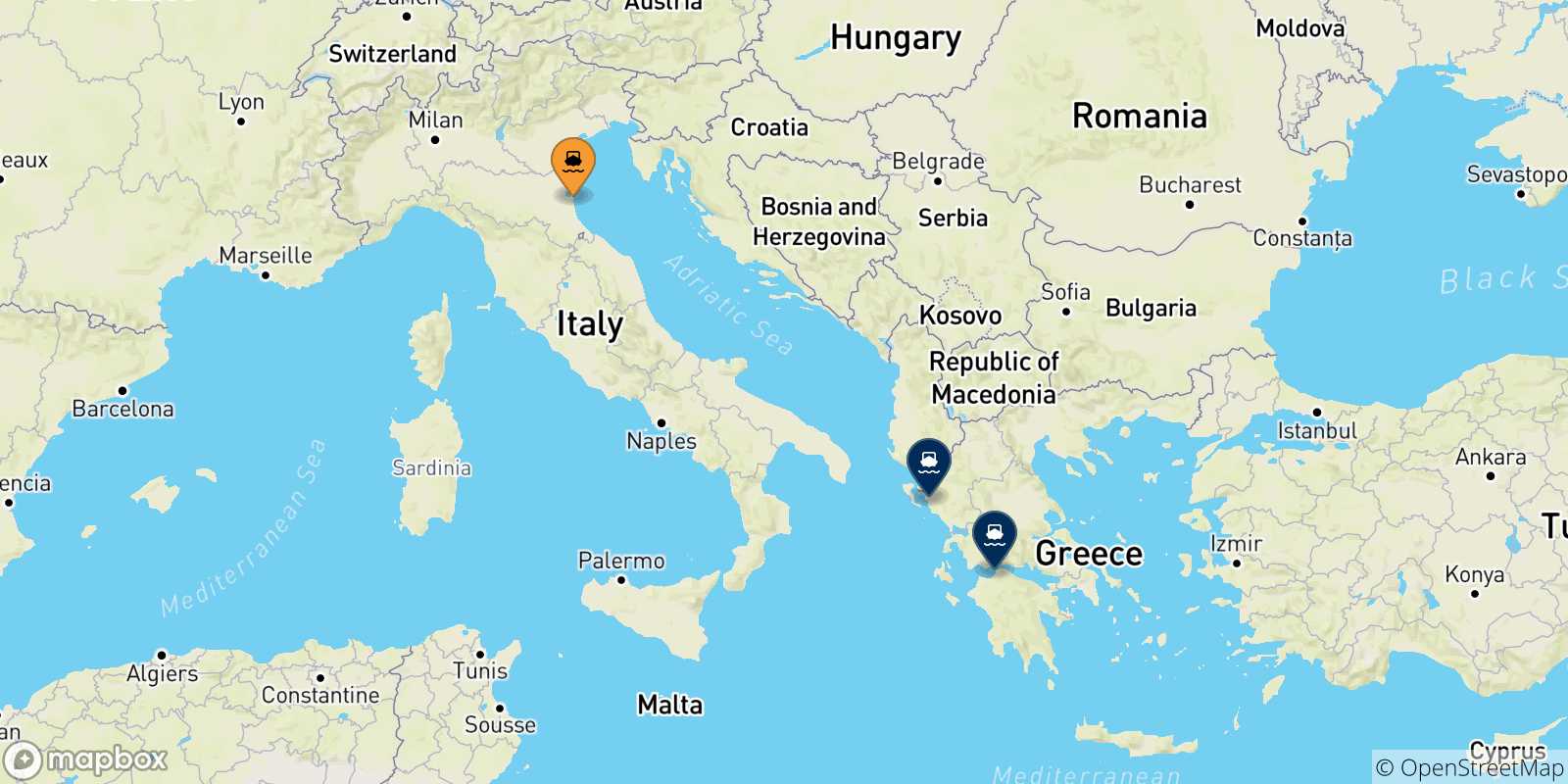 Carte des traversées possibles entre Ravenne et la Grèce