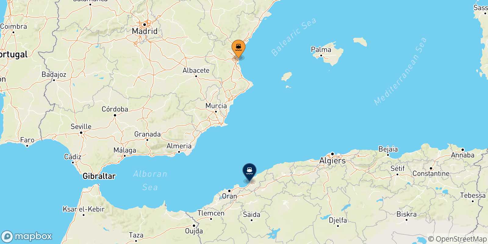 Carte des traversées possibles entre l'Espagne et Algérie