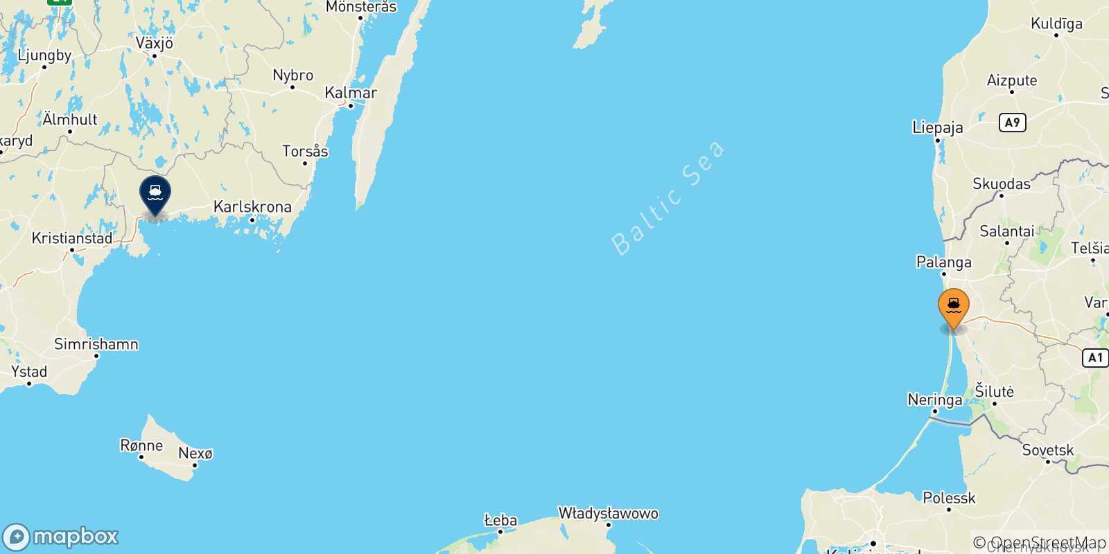 Carte des traversées possibles entre Klaipeda et la Suède