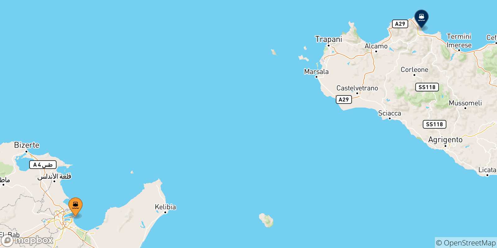 Carte des traversées possibles entre la Tunisie et la Sicile