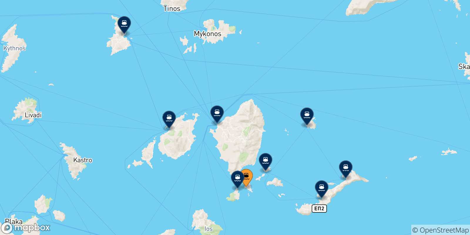 Carte des traversées possibles entre Schinoussa et Îles Des Cyclades