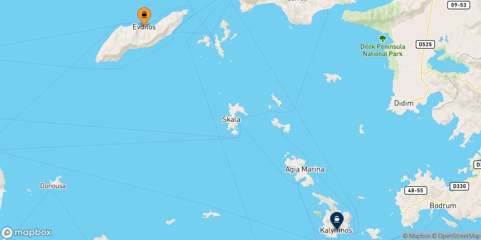 Carte des traverséesAgios Kirikos (Ikaria) Kalymnos