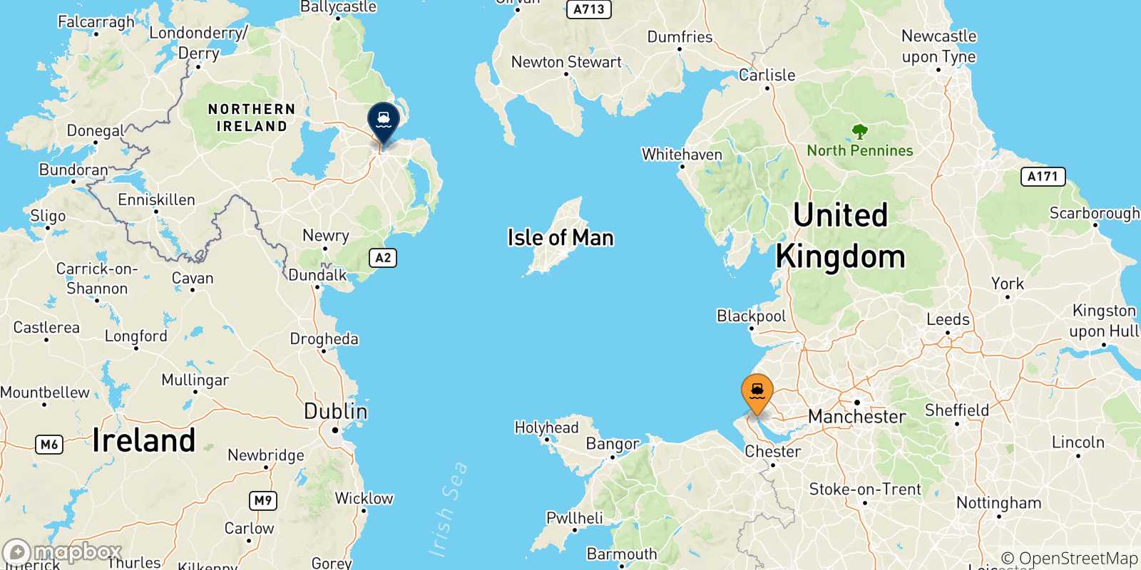 Carte des traversées possibles entre Liverpool Birkenhead et Irlande Du Nord