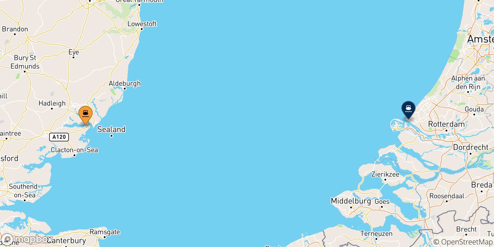 Carte des traversées possibles entre le Royaume-uni et Hoek Van Holland