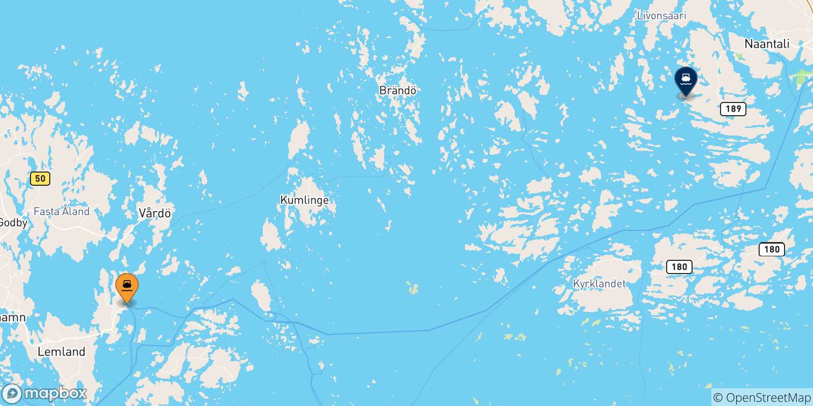 Carte des traversées possibles entre les Îles Aland et Naantali