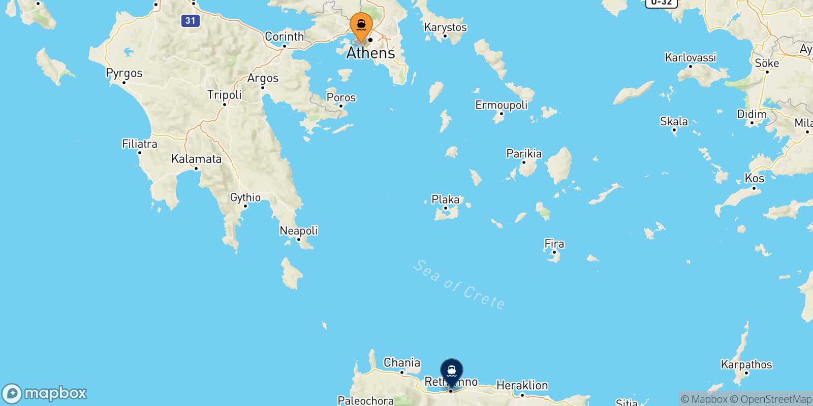 Carte des traverséesLe Piree Rethymnon