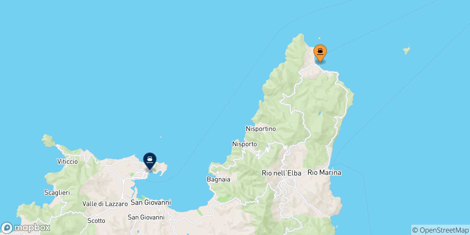 Carte des traversées possibles entre Cavo et l'Île D'elbe