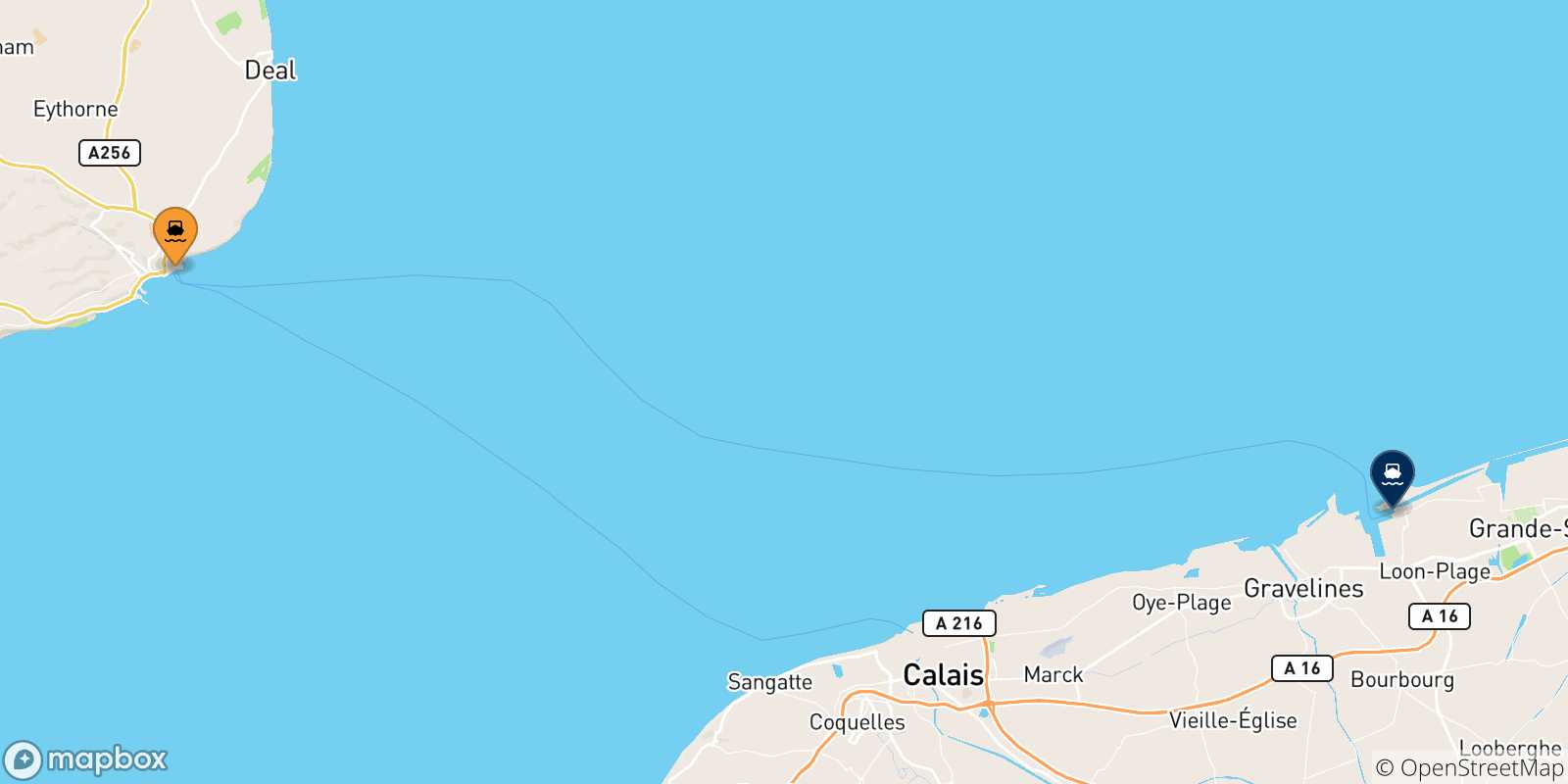 Carte des traversées possibles entre le Royaume-uni et Dunkerque