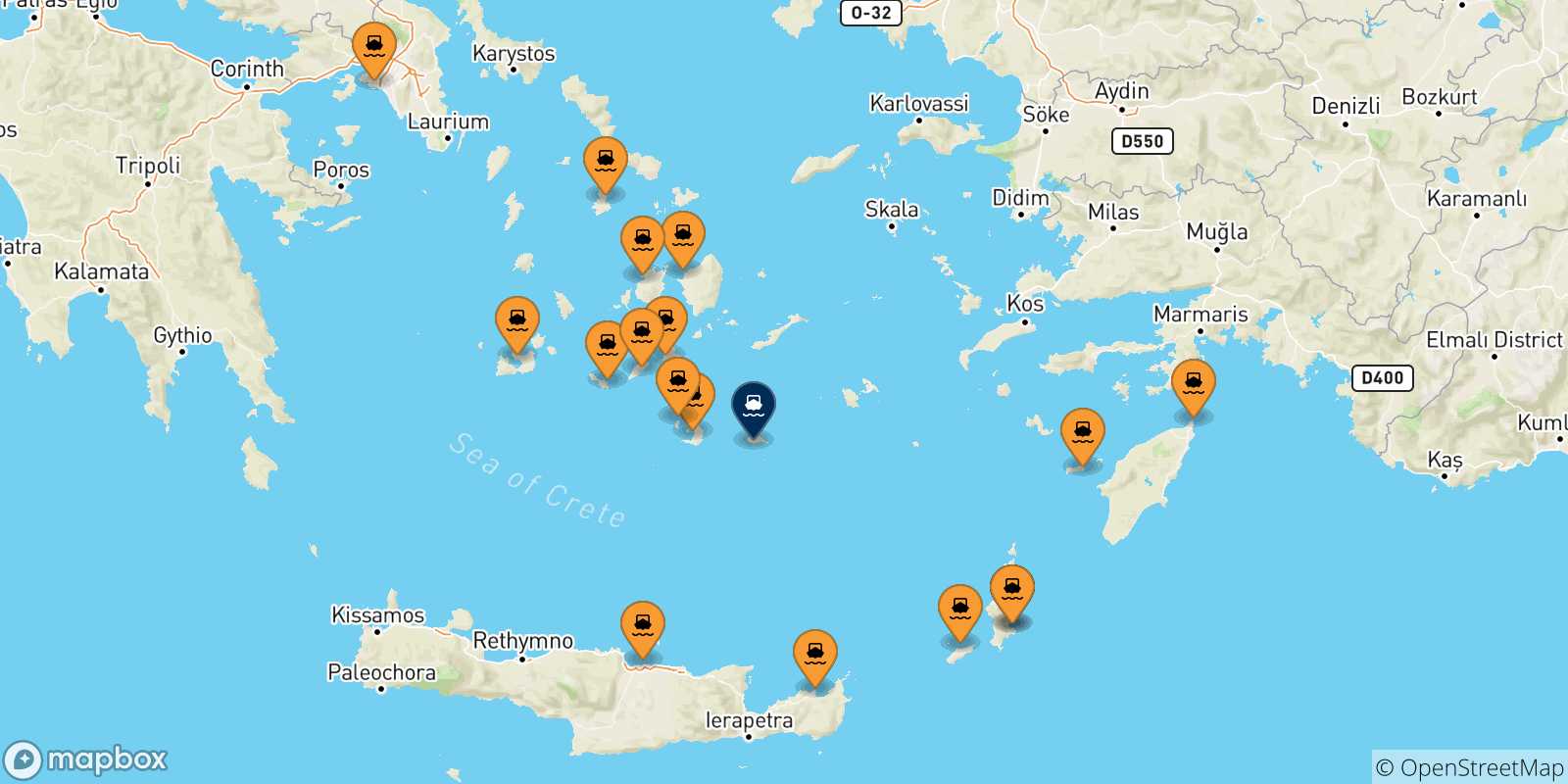 Carte des traversées possibles entre la Grèce et Anafi
