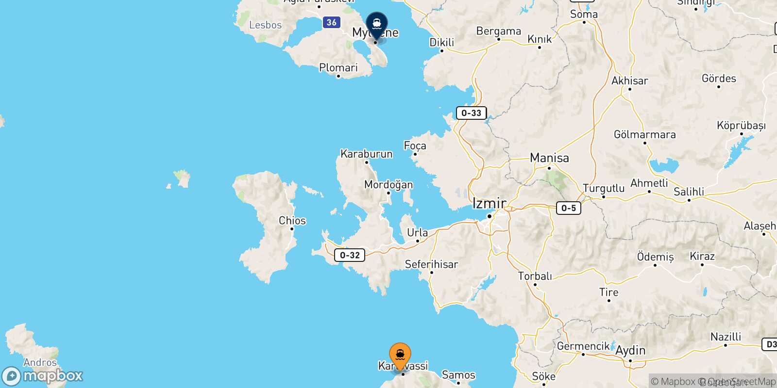 Carte des traverséesKarlovassi (Samos) Mytilene (Lesvos)