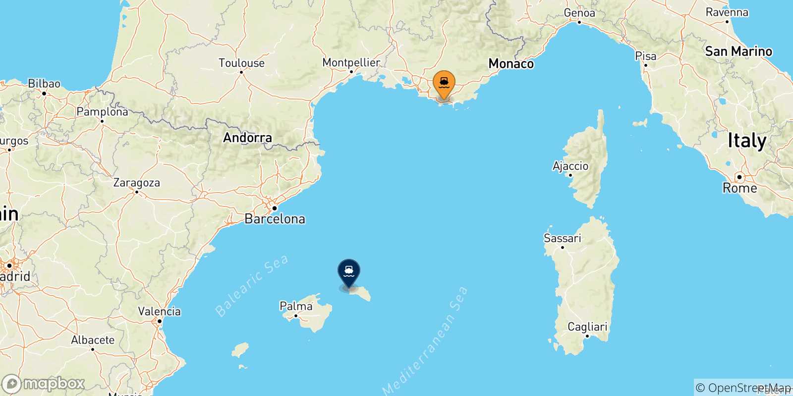 Carte des traversées possibles entre la France et Ciutadella (Minorque)
