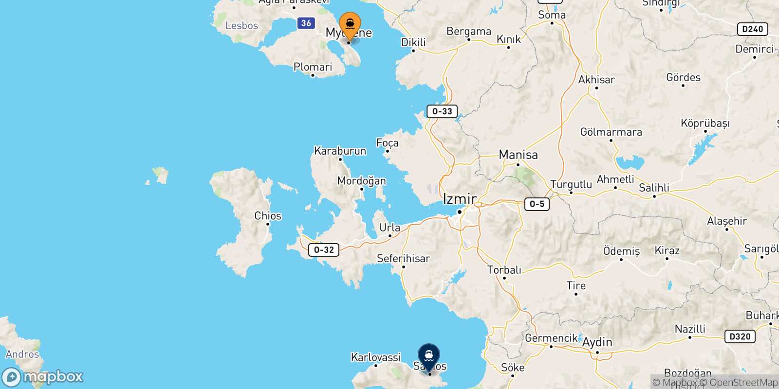 Carte des traverséesMytilene (Lesvos) Vathi (Samos)