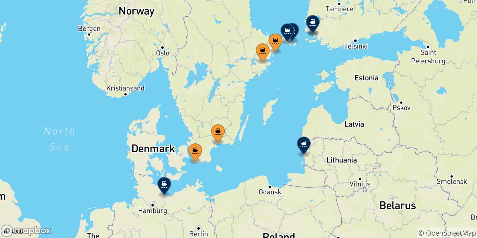 Carte des destinations de la Suède