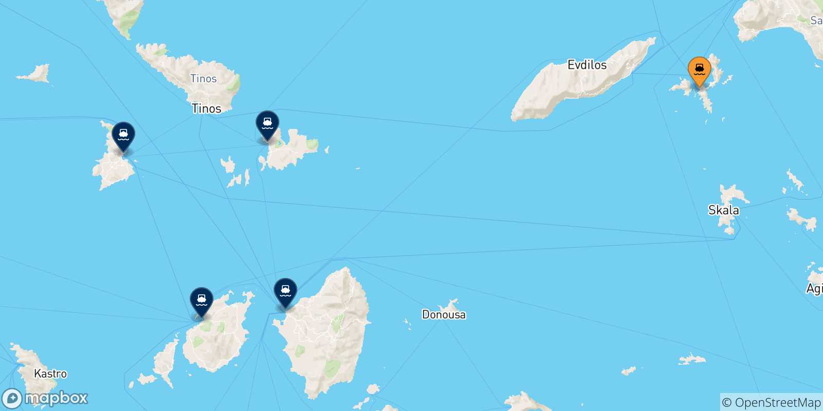 Carte des traversées possibles entre Fourni et Îles Des Cyclades