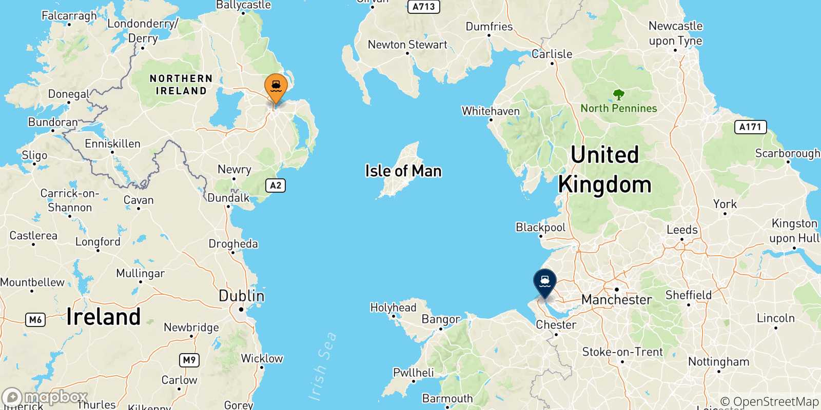 Carte des traversées possibles entre le Royaume-uni et l'Angleterre