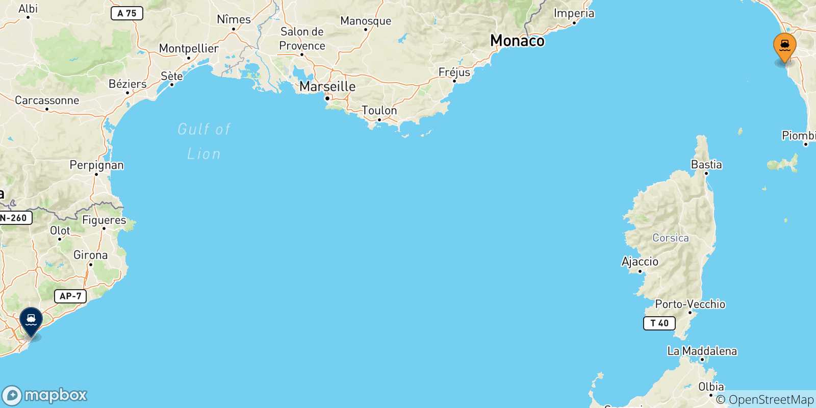 Carte des traversées possibles entre Livourne et l'Espagne