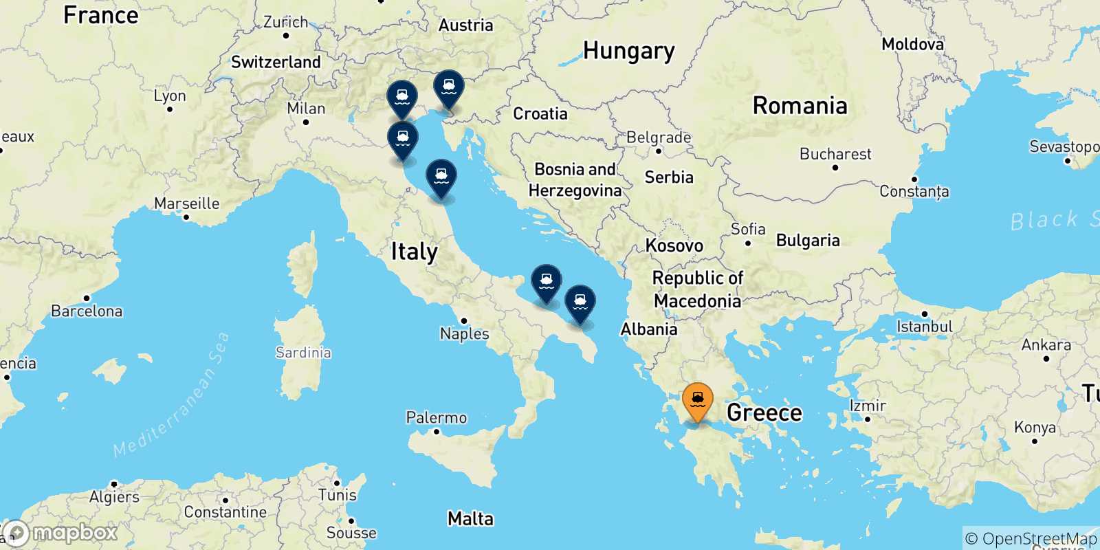 Carte des traversées possibles entre Patras et l'Italie