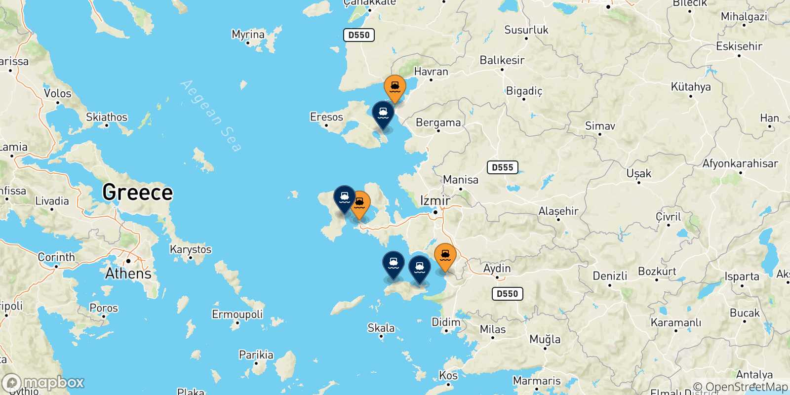 Carte des traversées possibles entre la Turquie et les Îles Égéennes