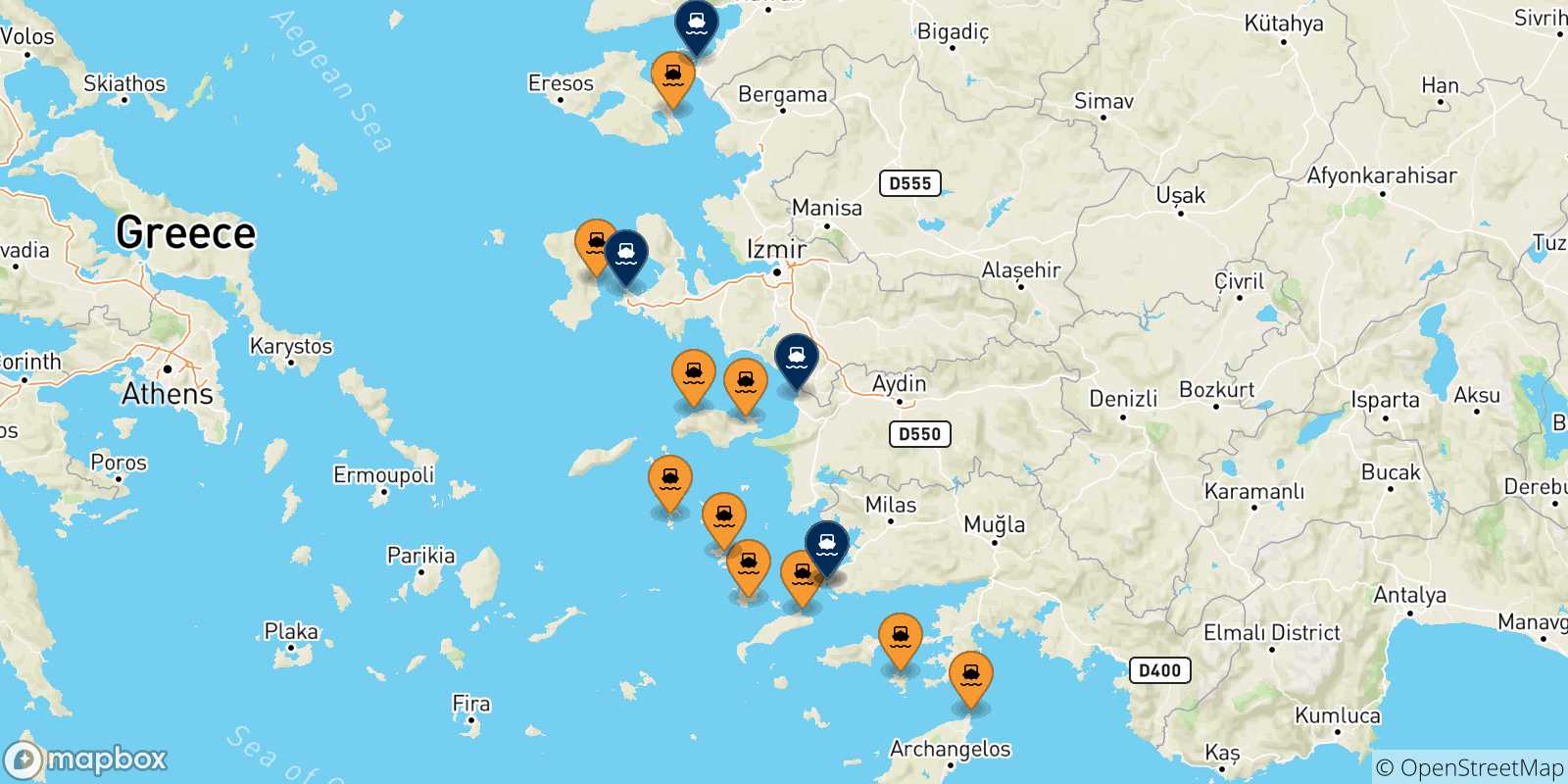 Carte des traversées possibles entre la Grèce et la Turquie