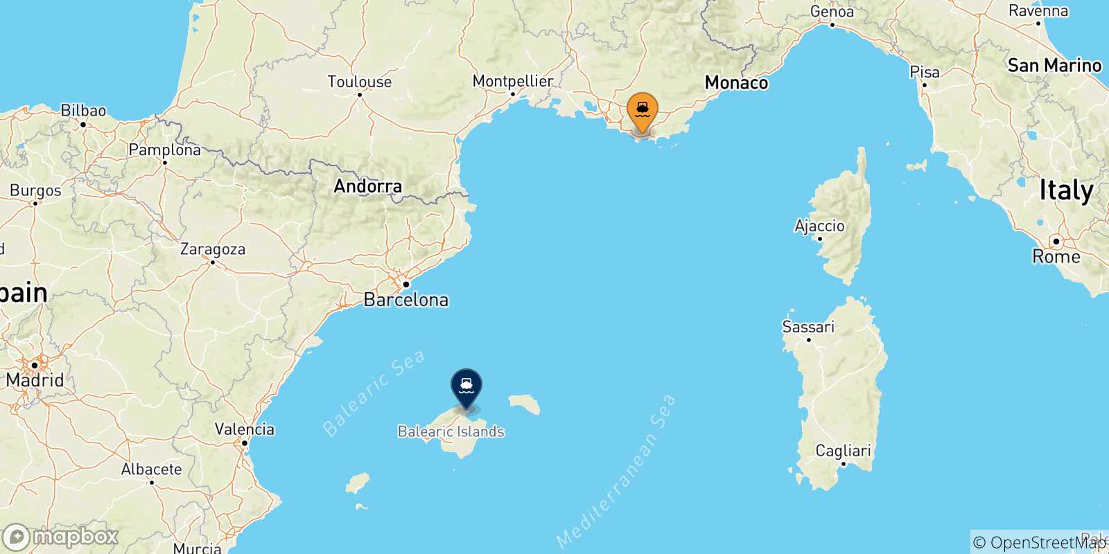 Carte des traversées possibles entre la France et l'Espagne