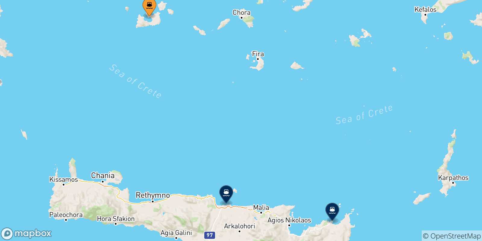 Carte des traversées possibles entre Milos et la Crète