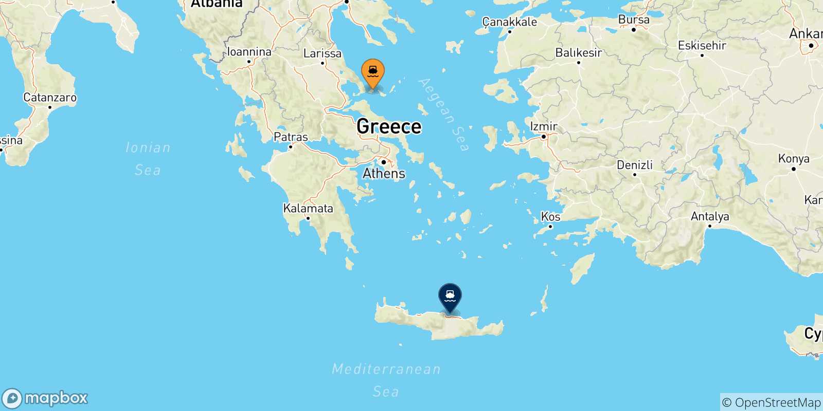 Carte des traversées possibles entre les Îles Sporades et Heraklion