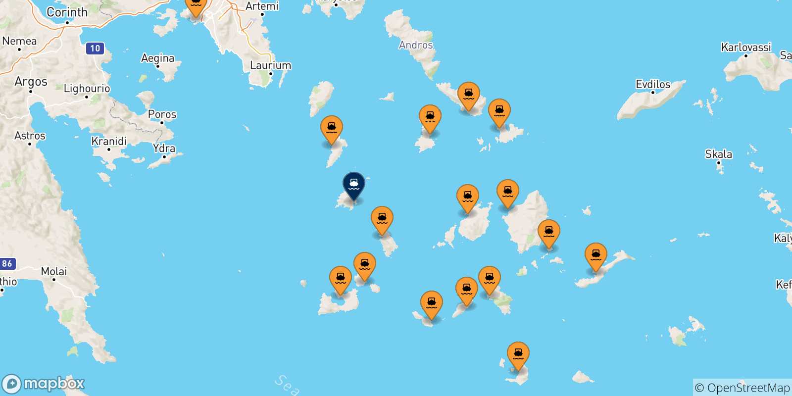 Carte des traversées possibles entre la Grèce et Sérifos