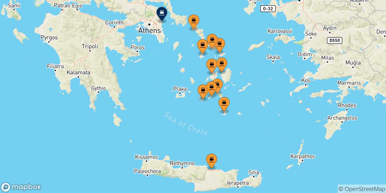 Carte des traversées possibles entre la Grèce et Rafina