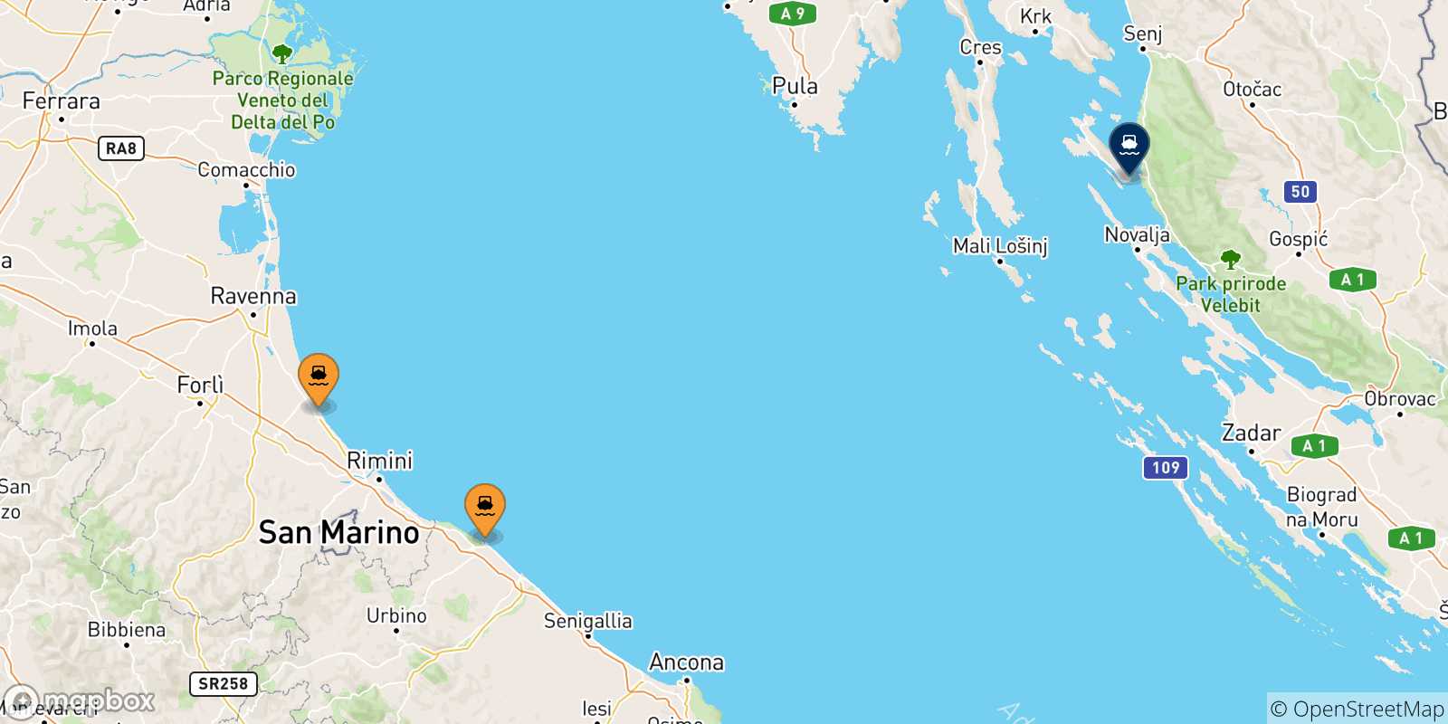Carte des traversées possibles entre l'Italie et Rab